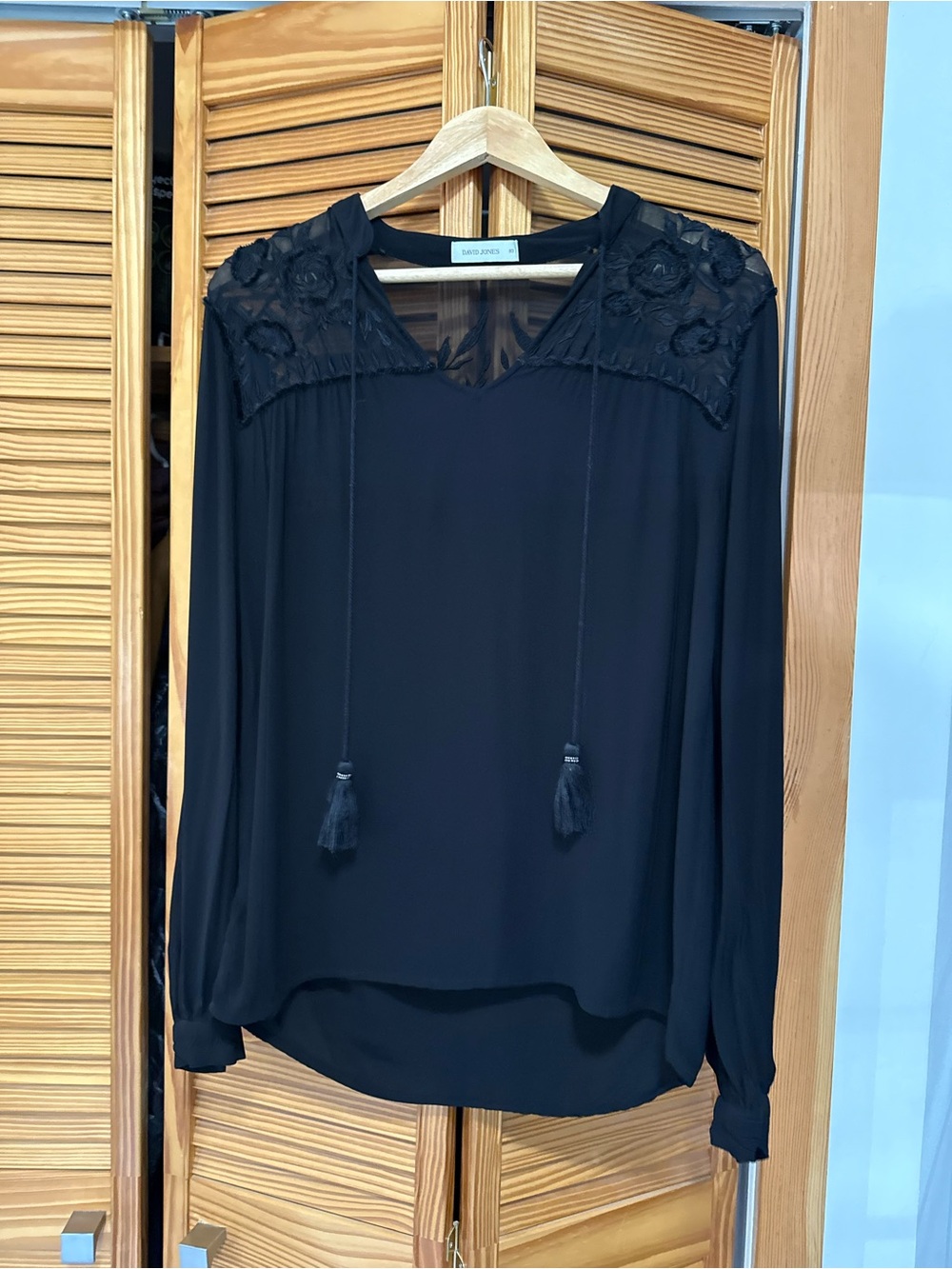 David Jones Black Lace-Yoke Long-Sleeve Blouse with Tassel Tie Detail